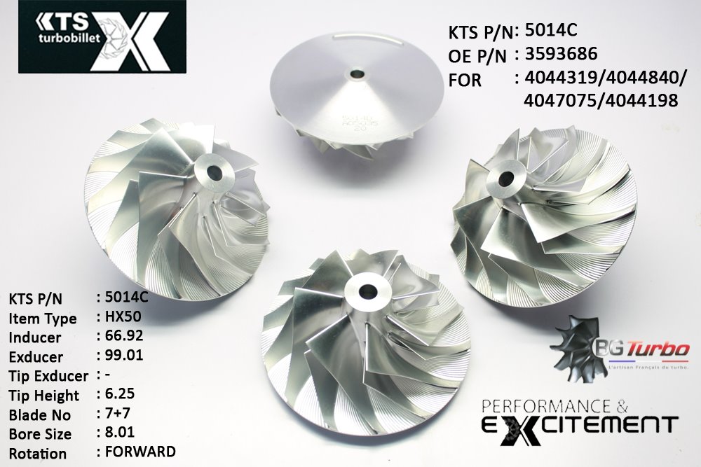 Turbo ROUE FORGÉE MFS PERFORMANCE - 7+7 PALES - INDUCER : 66,92 - EXDUCER : 99,01 - TYPE : HX50ANGLE : 60° - ROTATION : Forward - SUPER BACK : 6,27 - BORE SIZE : 8,01
